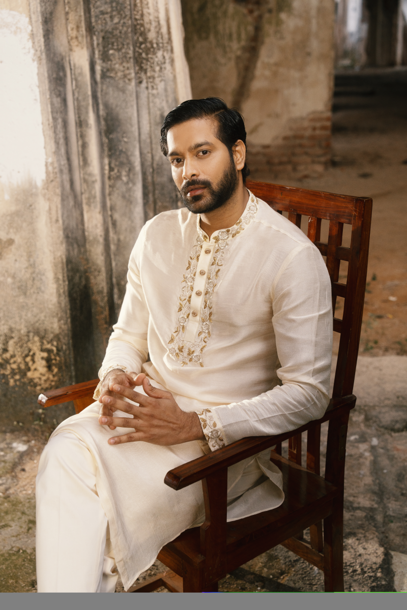 Premium silk cream embroidered kurta men ethnic wear