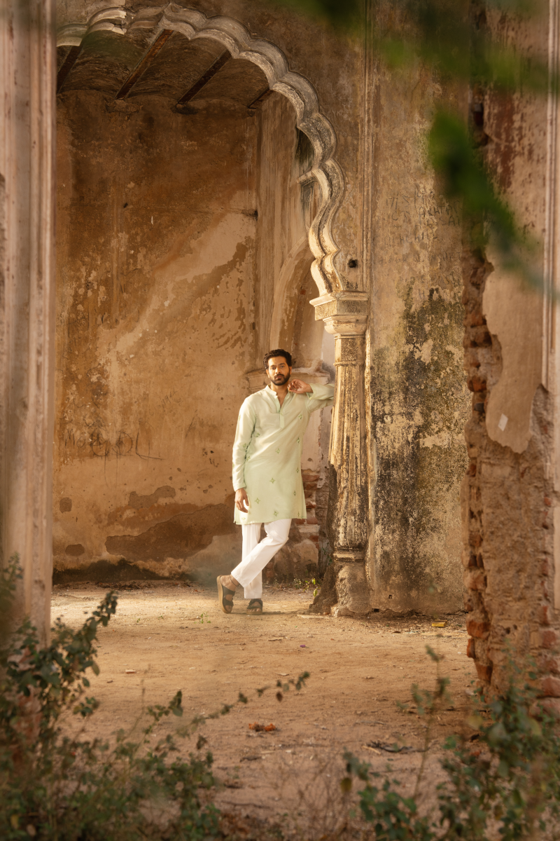Mist green handcrafted kurta pants set men ethnic wear