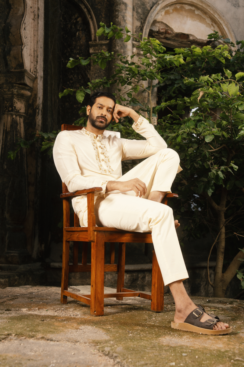 men's silk embroidered shirt cream tailored ethnic India
