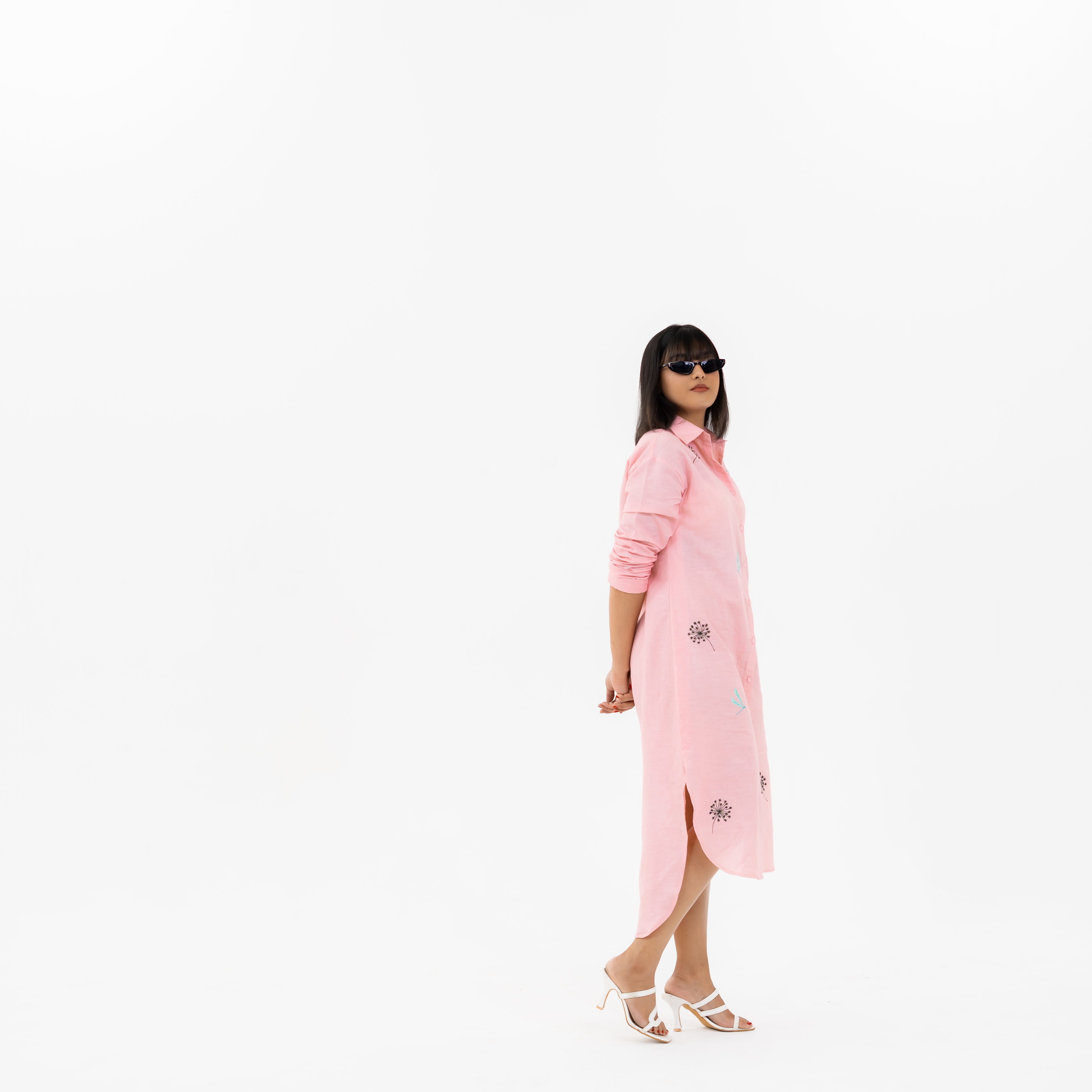 Long length embroidered linen shirt dress women casual ethnic