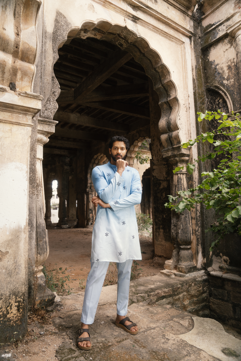 Men's handcrafted blue kurta set modern ethnic India

