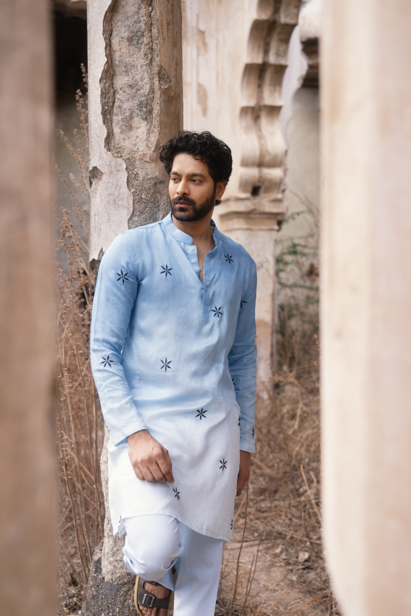 Blue cotton kurta pants set men festive occasion wear
