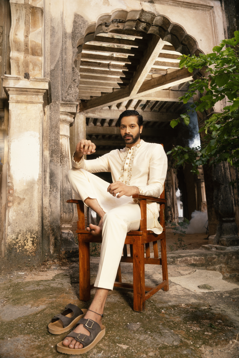Men's tailored hand embroidered cream silk kurta India
