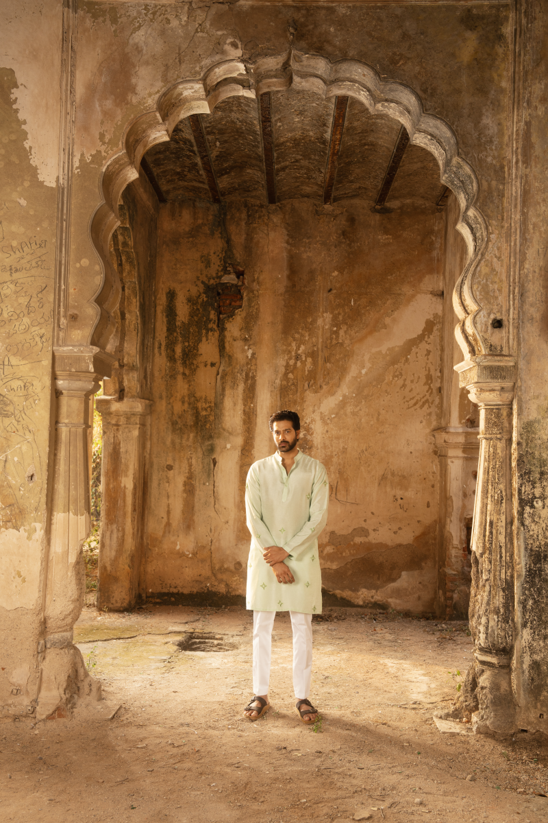 Green cotton kurta pants set men festive occasion wear
