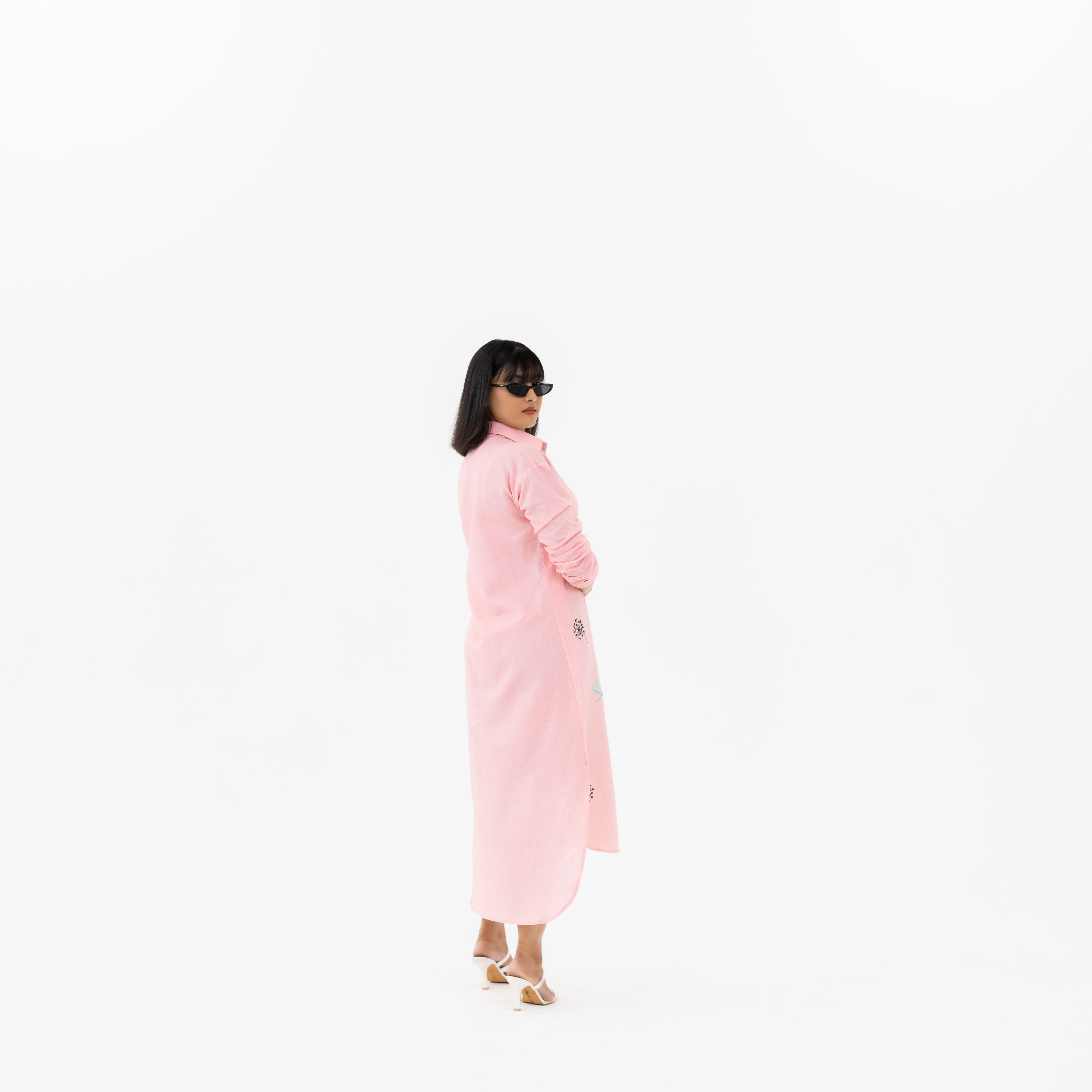 Full sleeve long embroidered linen shirt dress women festive
