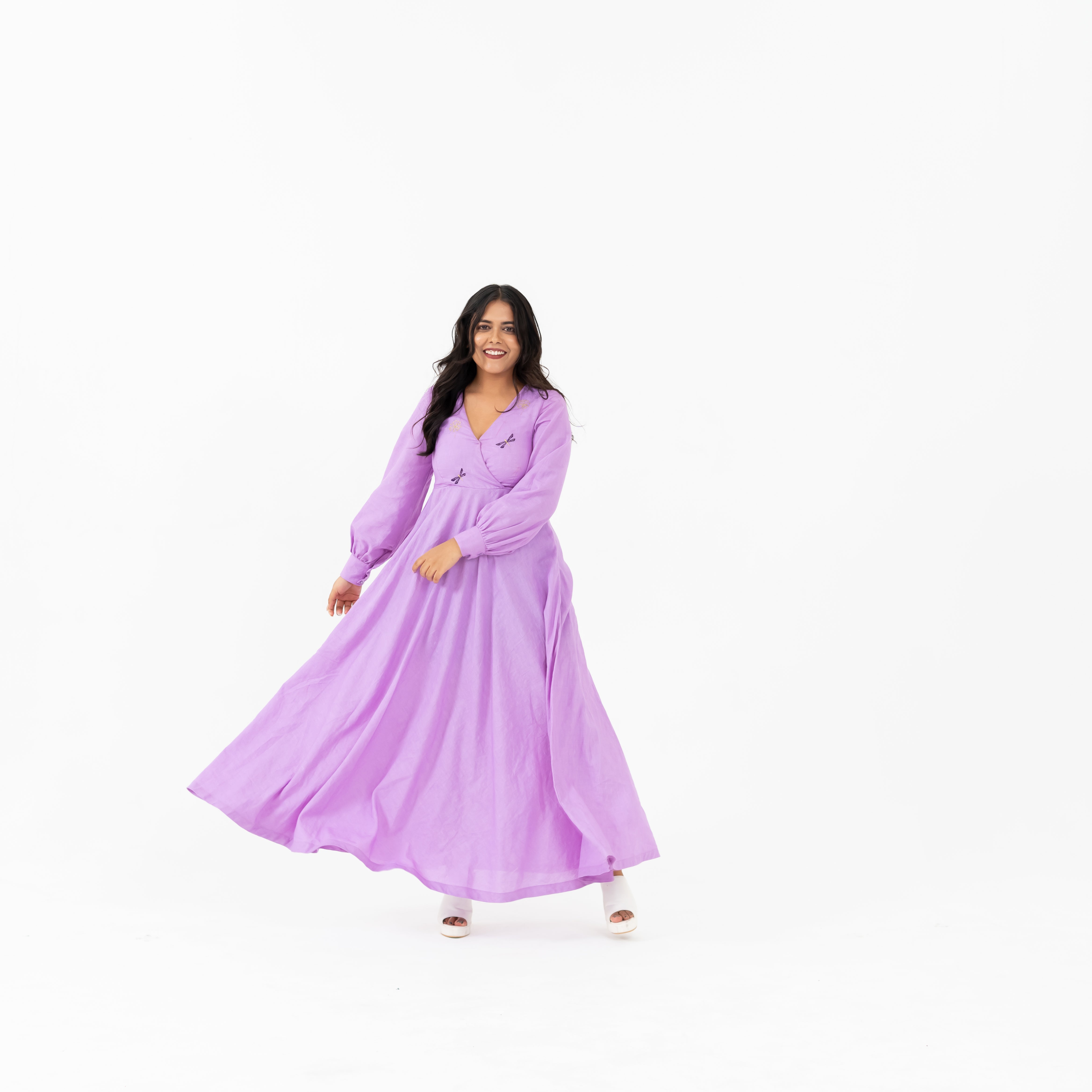 Women's cotton linen embroidered maxi dress ethnic wear
